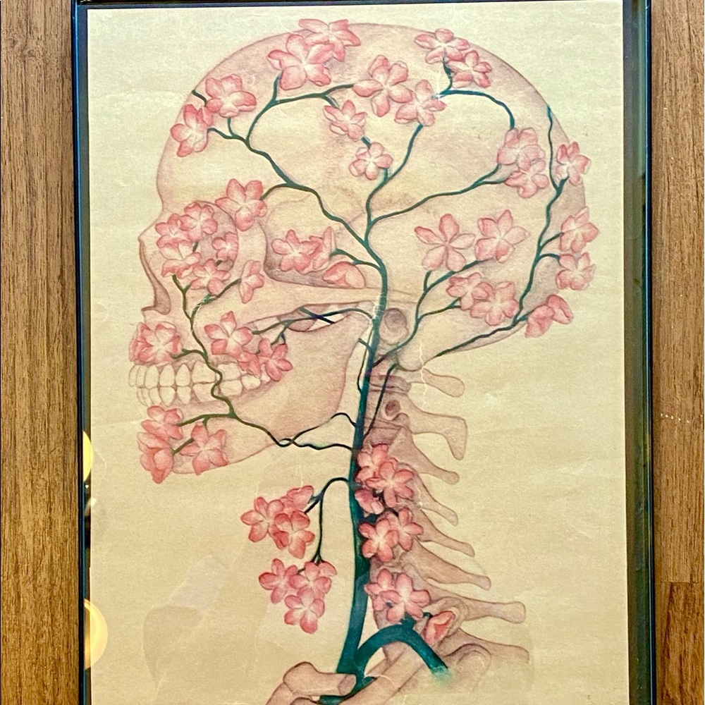 Framed unique Cherry Blossom Tree Art Print. 11x16 tan, pink, brown, black